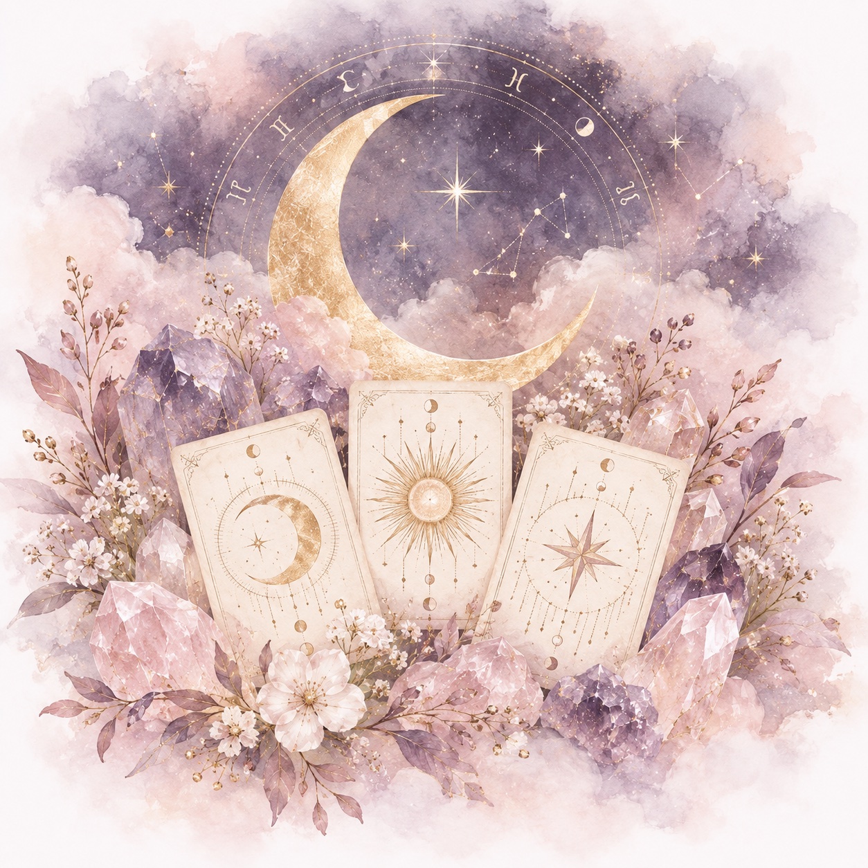 月と星、タロット、水晶を描いた幻想的な水彩画